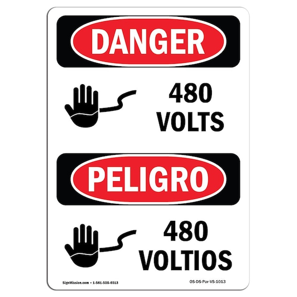 Safety Sign, OSHA Danger, 5" Height, 480 Volts, Bilingual Spanish, 10PK
